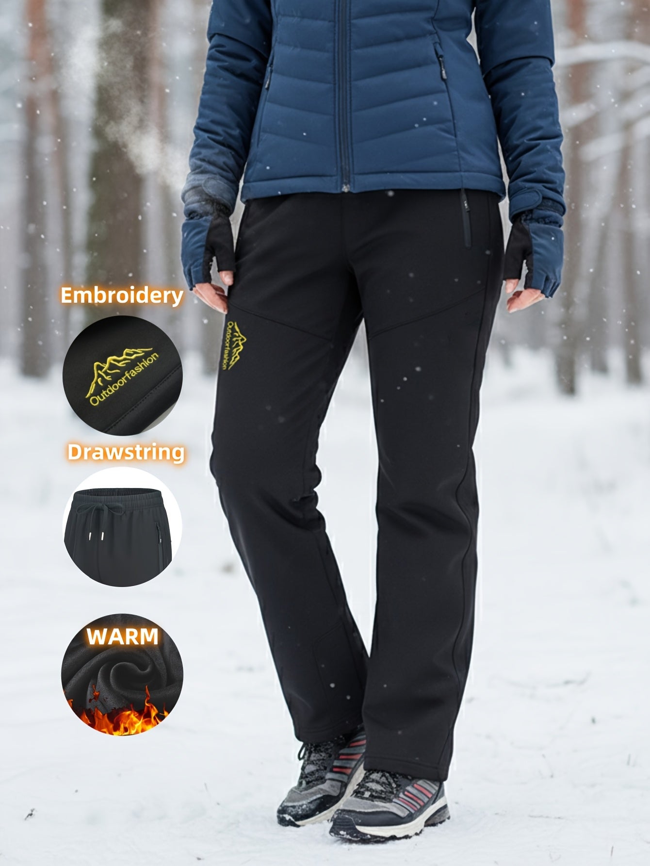 Fashionable Women'S Fleece Outdoor Long Pants, Suitable for Outdoor Activities And Fitness, Featuring Embroidered Patterns, Ideal for Daily Wear in Winter, Equipped with Two Zippered Pockets, Thickened Outdoor Hiking Pants, Soft Shell Long Trousers